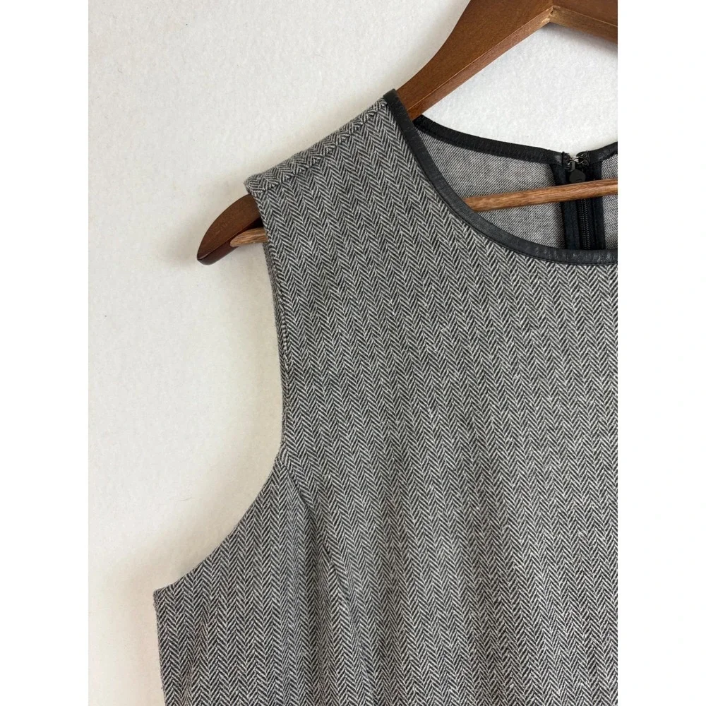 Lauren Ralph Lauren Women Gray Herringbone Sleeveless Dress Faux Leather Trim 2X